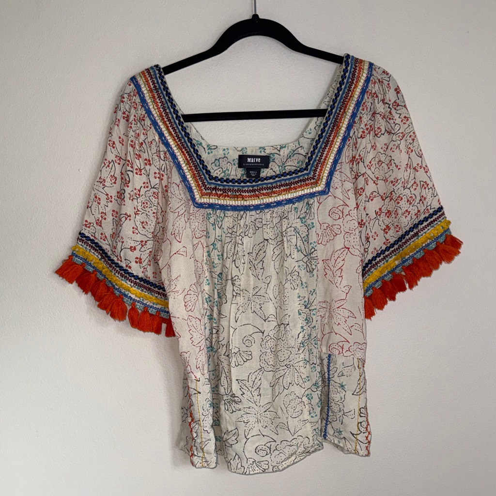 Maeve White Floral Square-Neck Blouse With Orange Tassel Trim